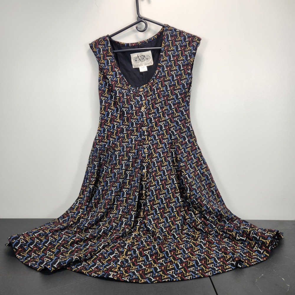 Effie's Heart Black Martini Glass Print Fit & Flare Dress Cotton Jersey Large